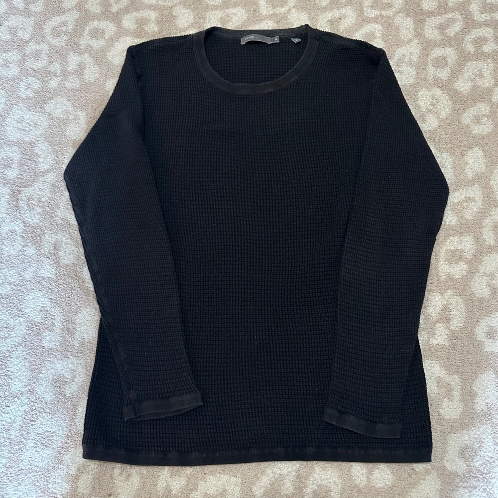 Vince Long Sleeve Thermal Waffle Knit Shirt Black Medium